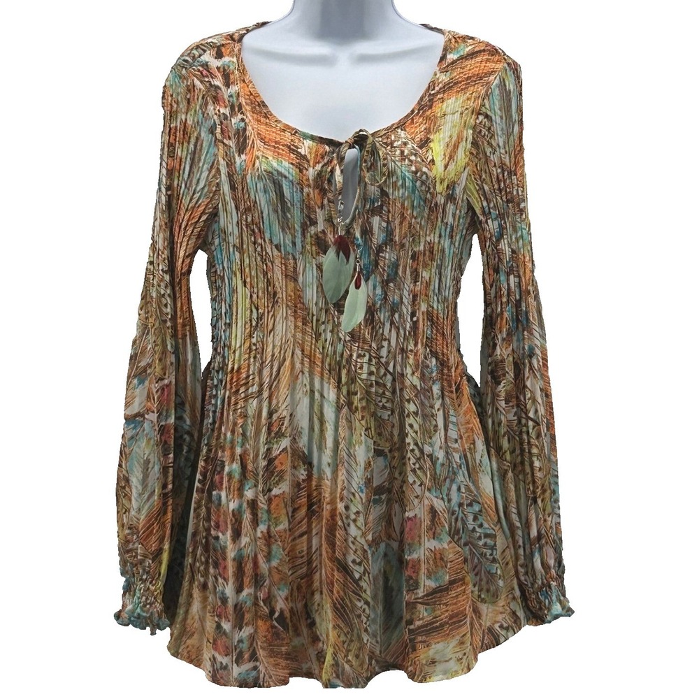 Boho Tunic‎ Top Large Feather Festival Hipster Hippie Summer Concert Tie Front